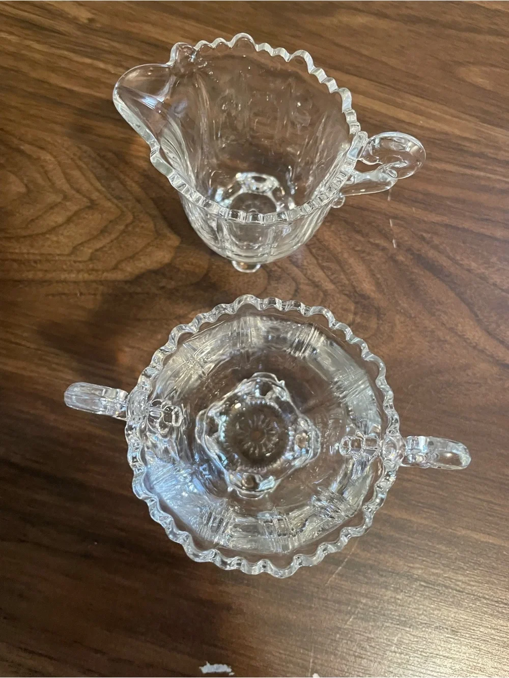 Clear Glass Creamer and Sugar Set with Scalloped Rim
